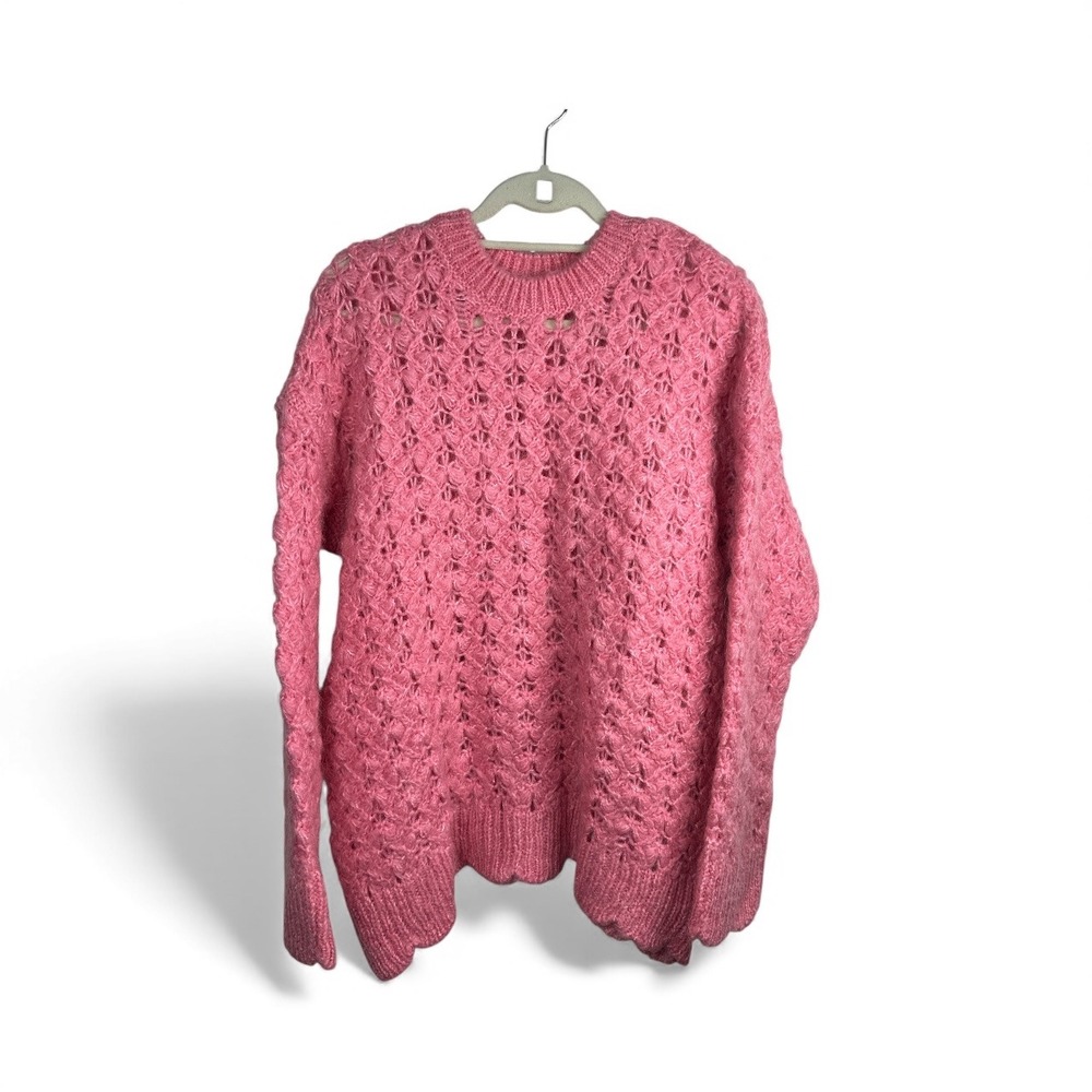 ZARA Bubble Gum Pink Long Sleeve Scalloped Knit Open Weave Sweater Women M/L